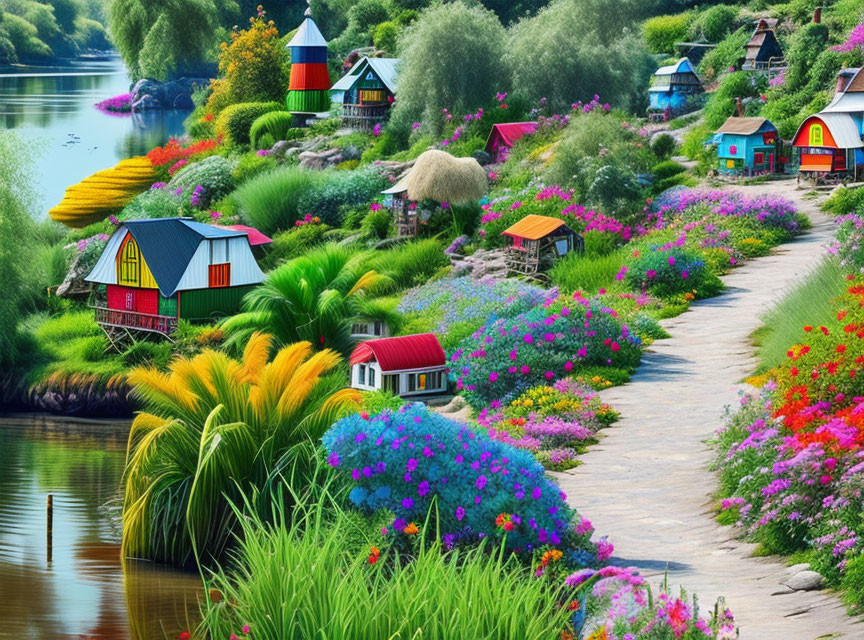 Scenic riverside garden with colorful flowers and small houses