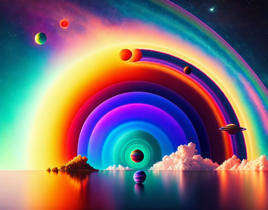 Colorful surreal digital artwork of rainbow landscape with planets, starry sky, and treeline