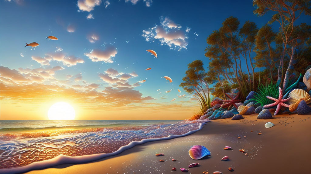 Vibrant beach sunset with flying fish, starfish, seashells, and forest border