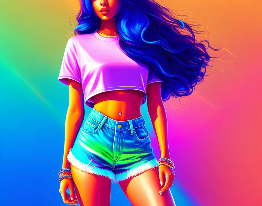 Colorful illustration: Woman with flowing blue hair and trendy attire on rainbow gradient backdrop