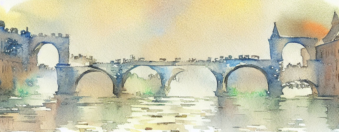 Tranquil river scene: Watercolor painting of old arched bridge