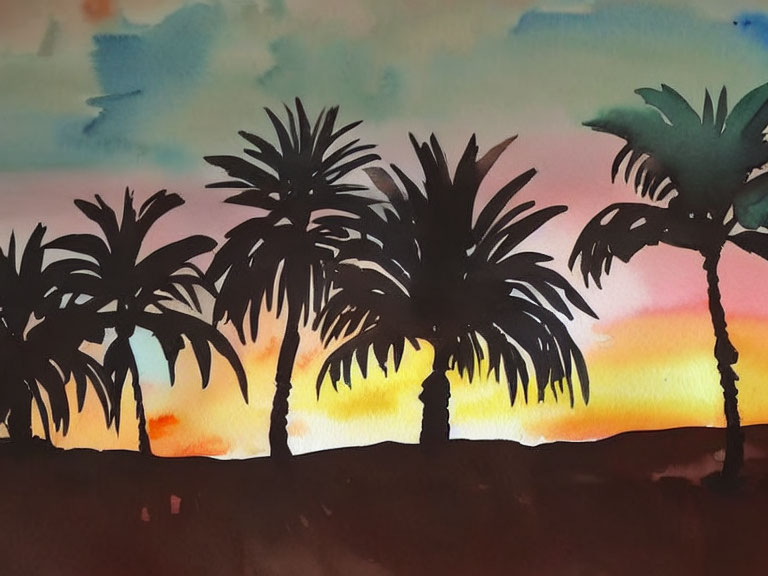 Silhouetted palm trees on vibrant watercolor sunset