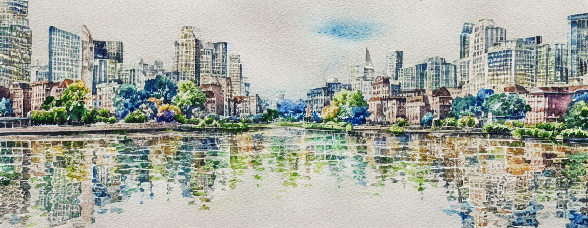 Urban skyline watercolor painting with buildings reflected in river calm water.