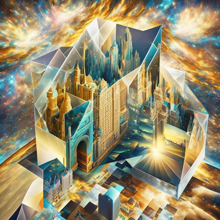 Fantastical Gothic Cityscape Encased in Crystal on Cosmic Background