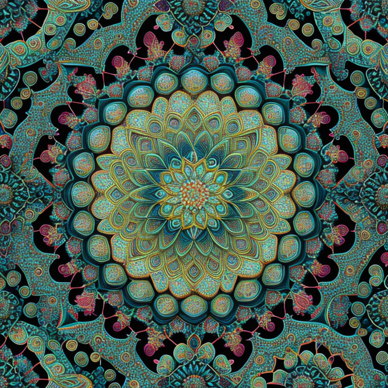 Symmetrical floral mandala pattern in teal, gold, and blue