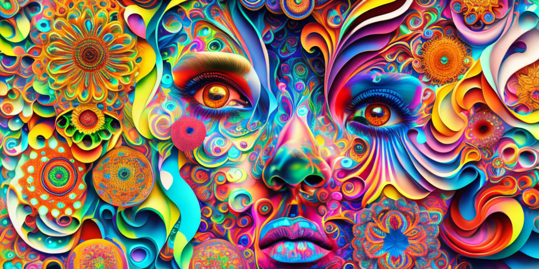 Colorful Psychedelic Art: Detailed Eyes & Floral Patterns