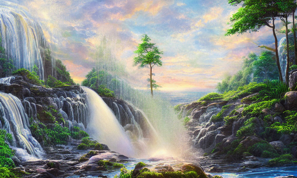 Scenic landscape with multiple waterfalls, lush greenery, and sun rays over a river