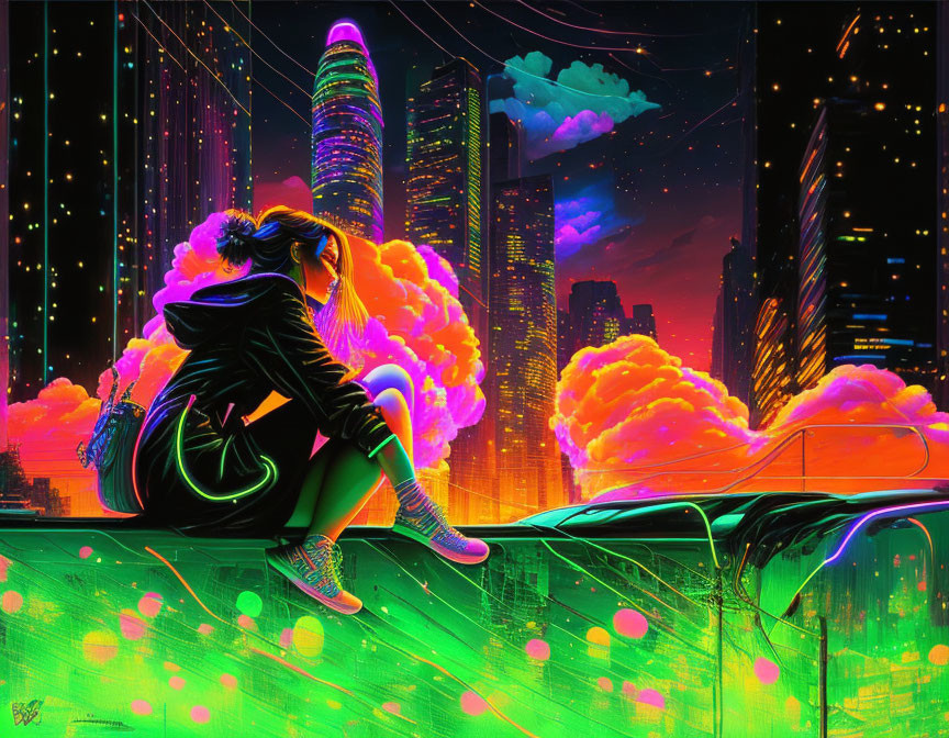 Colorful digital artwork: person on ledge in neon-lit cityscape