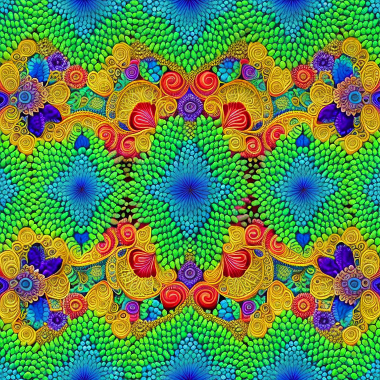 Symmetrical fractal design with kaleidoscopic patterns in blue, green, yellow, and red