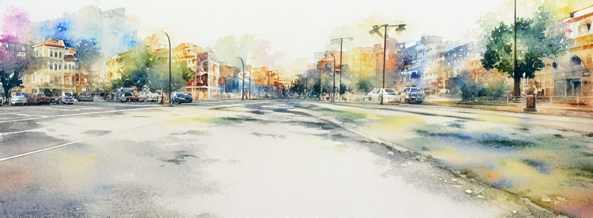 Sunlit Watercolor Cityscape with Reflective Street