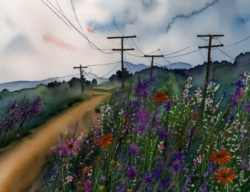 Country road with wildflowers and telephone poles under cloudy sky