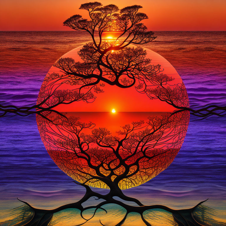 Digital artwork of mirrored tree silhouette framing setting sun over tranquil sea