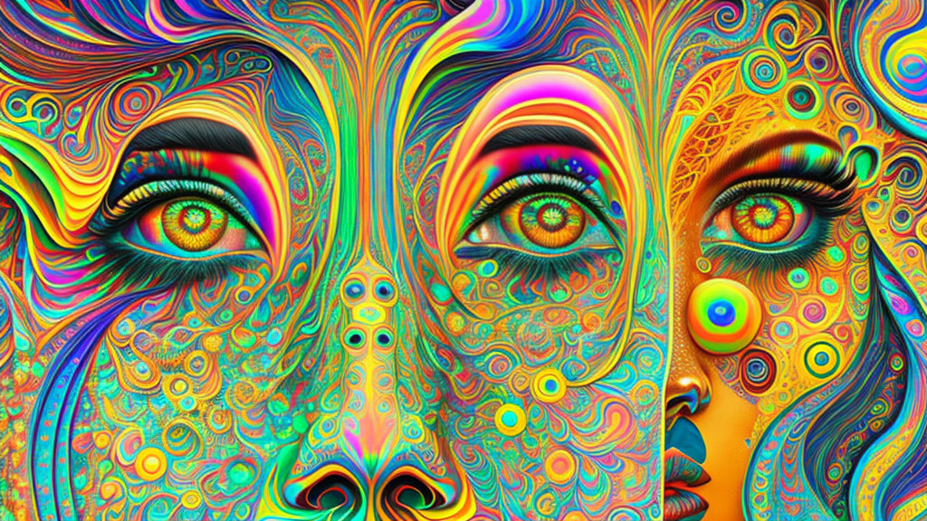 Colorful Psychedelic Digital Art with Abstract Faces and Eyes