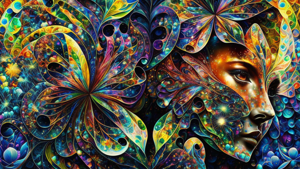 Colorful Psychedelic Artwork: Woman's Face with Floral and Cosmic Patterns