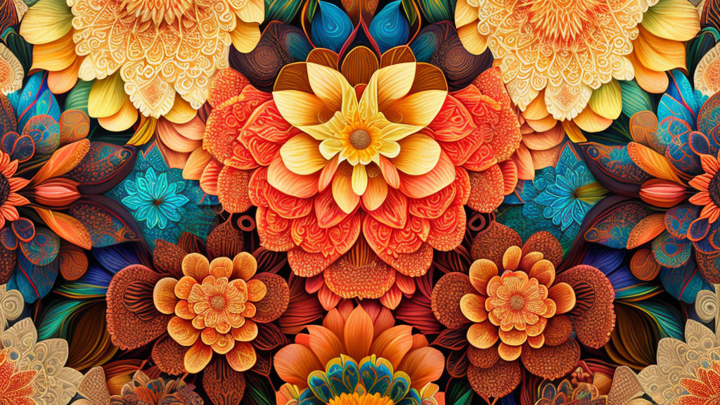 Detailed digital artwork: Vibrant flower and feather patterns in rich colors