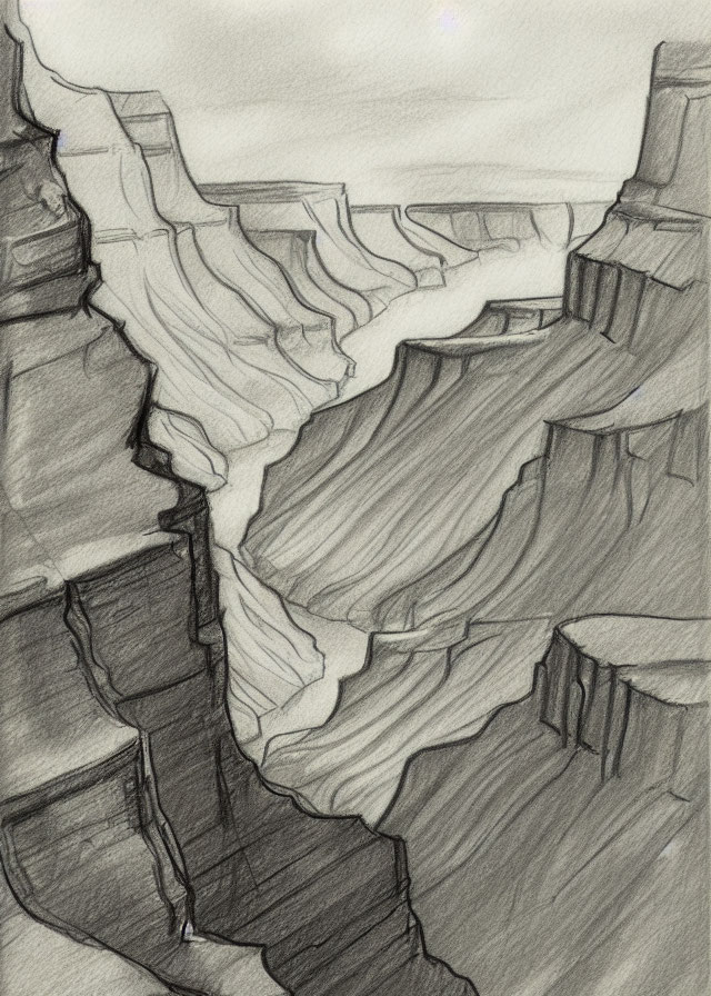 Rugged canyon pencil sketch with layered rock formations and river path under subdued sky