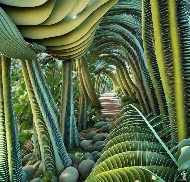 Surreal digital art: Spiraling green trees in glowing forest