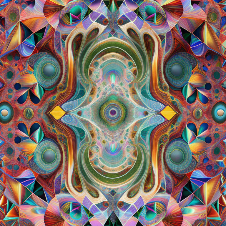 Symmetrical fractal pattern with vibrant colors and intricate shapes