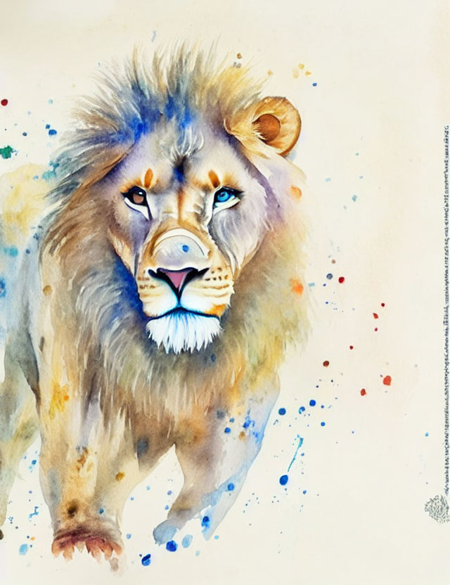 Colorful Watercolor Painting of Lion's Face in Blues, Yellows, and Browns