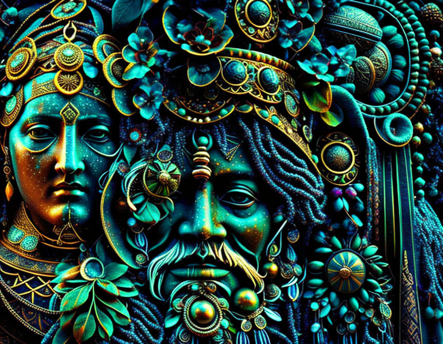 Detailed Artwork of Bejeweled Woman and Bearded Man in Blue and Gold