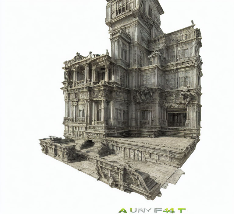 Detailed 3D Rendering of Floating Classical Architectural Structure