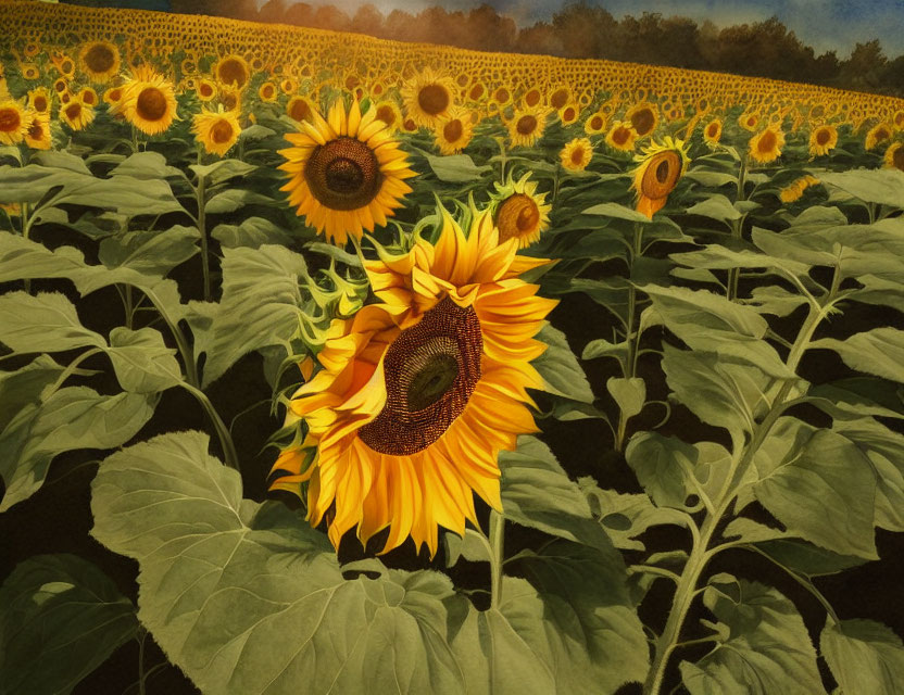 Vibrant sunflower in vast field under dusky sky