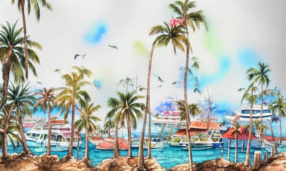 Tropical Marina Watercolor with Boats and Palm Trees