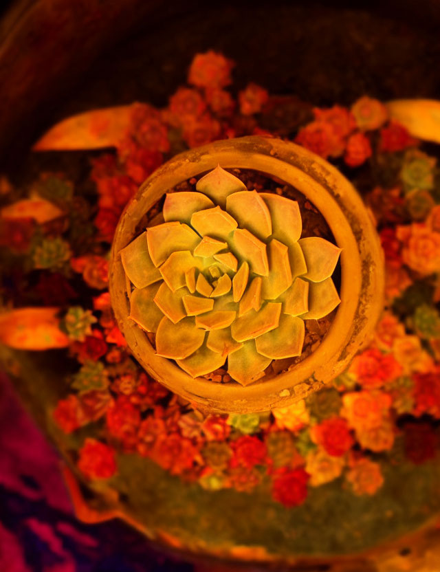 Green succulent plant in terracotta pot with red-orange flowers under soft light