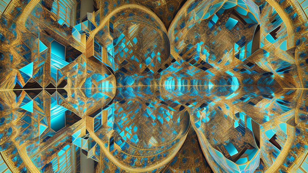 Symmetric Abstract Fractal Art: Golden and Turquoise Patterns