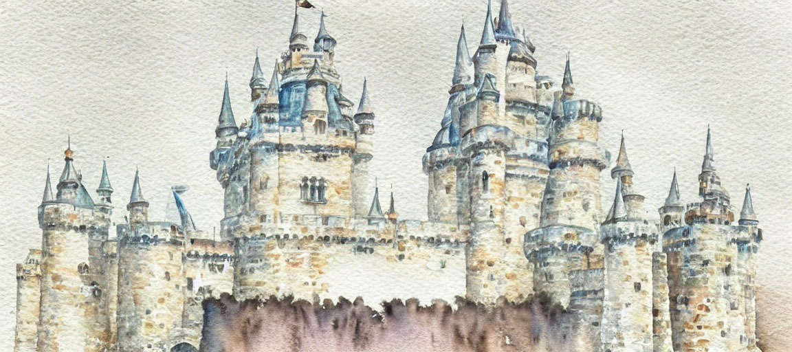 Elaborate Fantasy Castle Watercolor Painting on Textured Paper