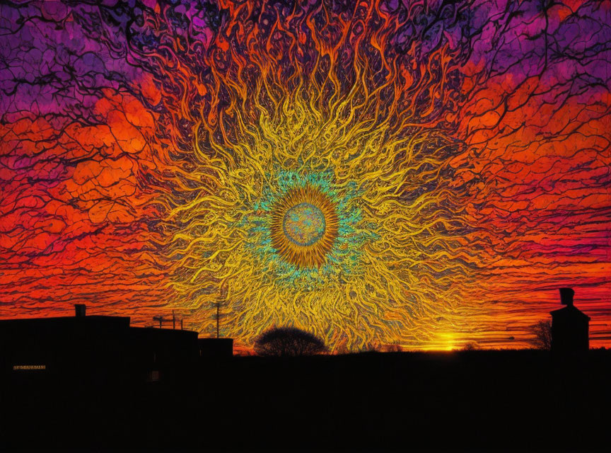 Colorful Mandala Artwork Over Sunset Skyline Silhouette