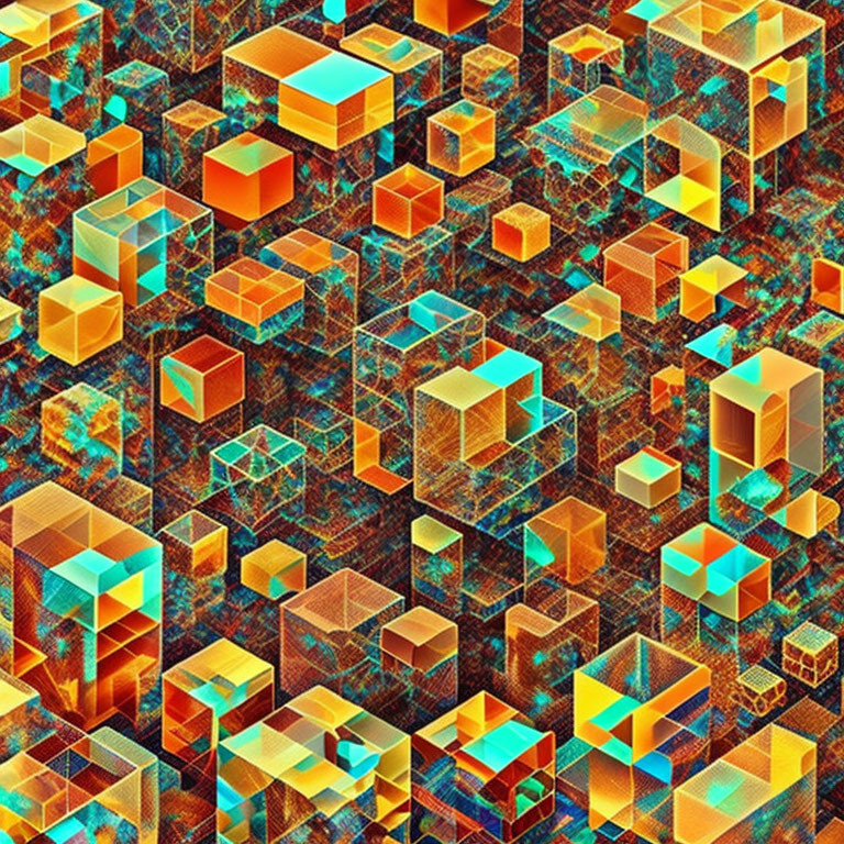 Colorful Abstract Image: Translucent Glowing Cubes in Blue, Orange, and Gold