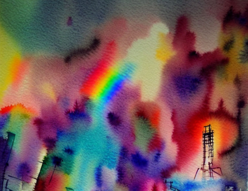 Colorful Watercolor Abstract with Urban Silhouettes and Tower