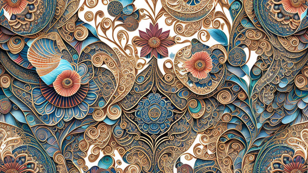 Detailed Floral and Paisley Pattern in Rich Blue and Brown Hues