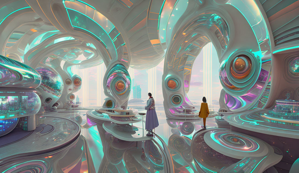 Futuristic interior with organic shapes and cityscape views