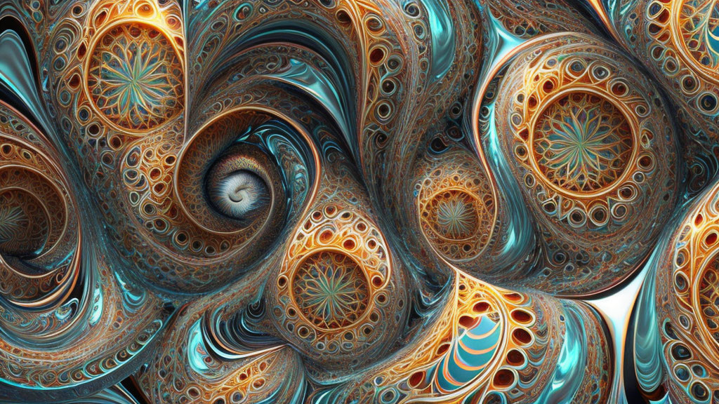 Colorful Fractal Design with Swirls in Blue, Orange, and Gold