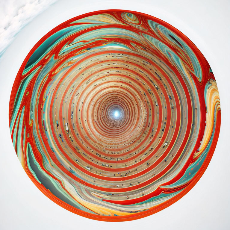 Vibrant circular abstract pattern with swirling red, orange, and turquoise lines