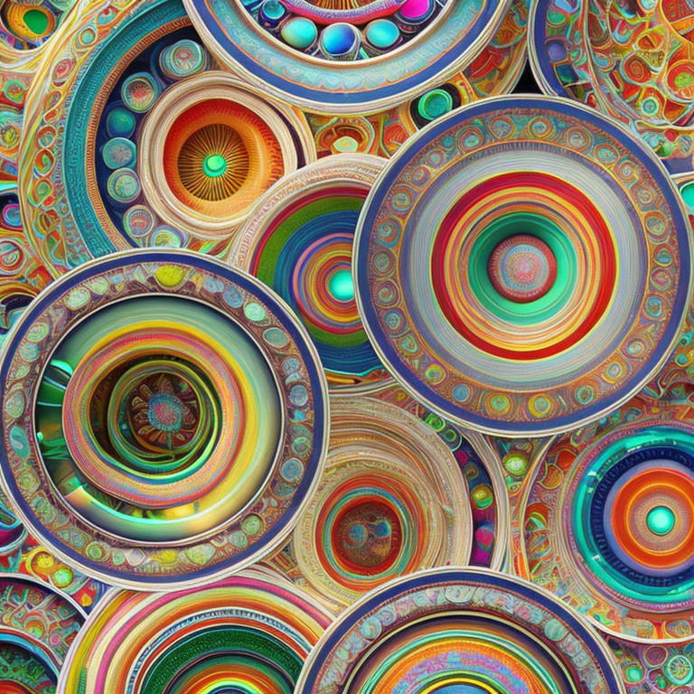 Colorful Digital Artwork: Detailed concentric circles with intricate mandala-like patterns