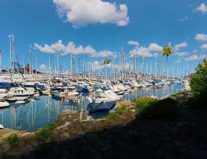 Tranquil marina with sailboats under blue sky and palm tree