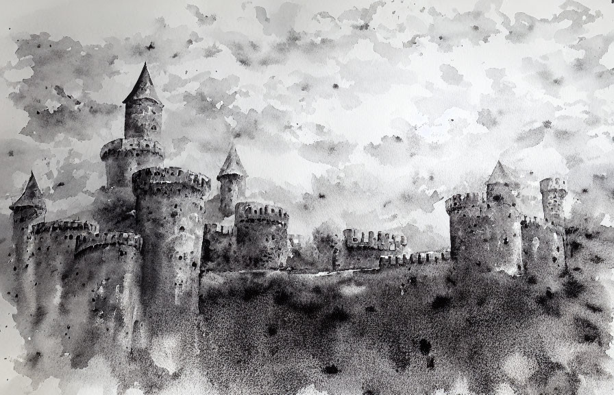 Monochromatic watercolor painting of medieval castle under cloudy sky