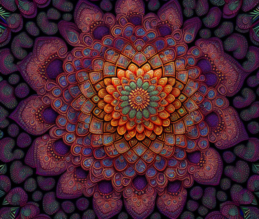 Colorful Mandala with Intricate Patterns and Gradient from Orange to Purple