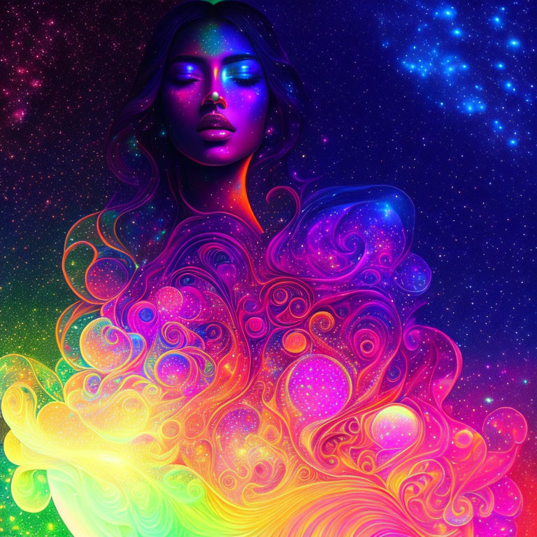 Digital artwork: Woman with cosmic features in neon swirls on starry background