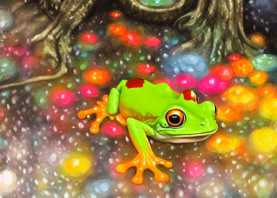 Colorful Green Frog with Orange Feet on Bokeh Forest Background