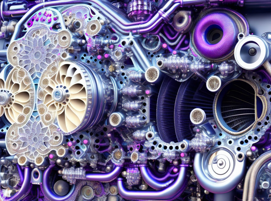 Complex Digital Image Featuring Purple and Silver Mechanical and Organic Blend