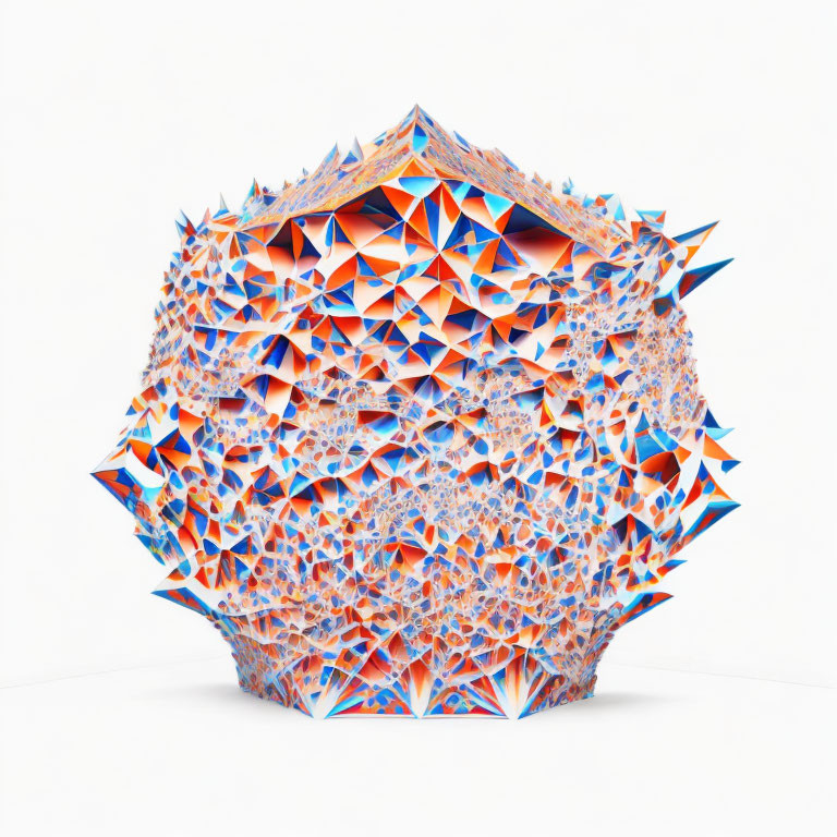 Colorful Geometric Sculpture with Blue and Orange Star Shapes on White Background