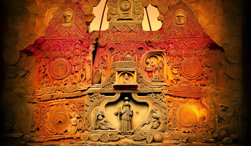 Detailed Sand Sculpture with Intricate Patterns and Figures on Warm Golden Backdrop