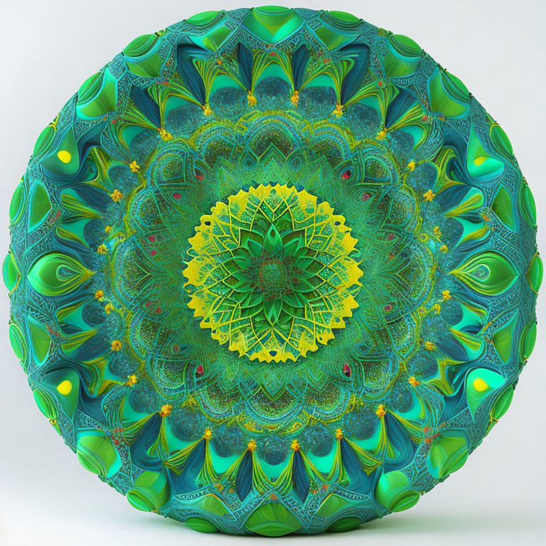 Intricate Green, Blue, and Yellow Mandala Fractal Art