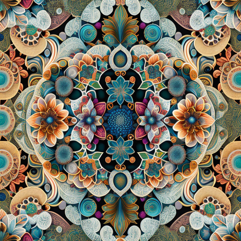 Symmetrical mandala pattern with flowers and paisley shapes