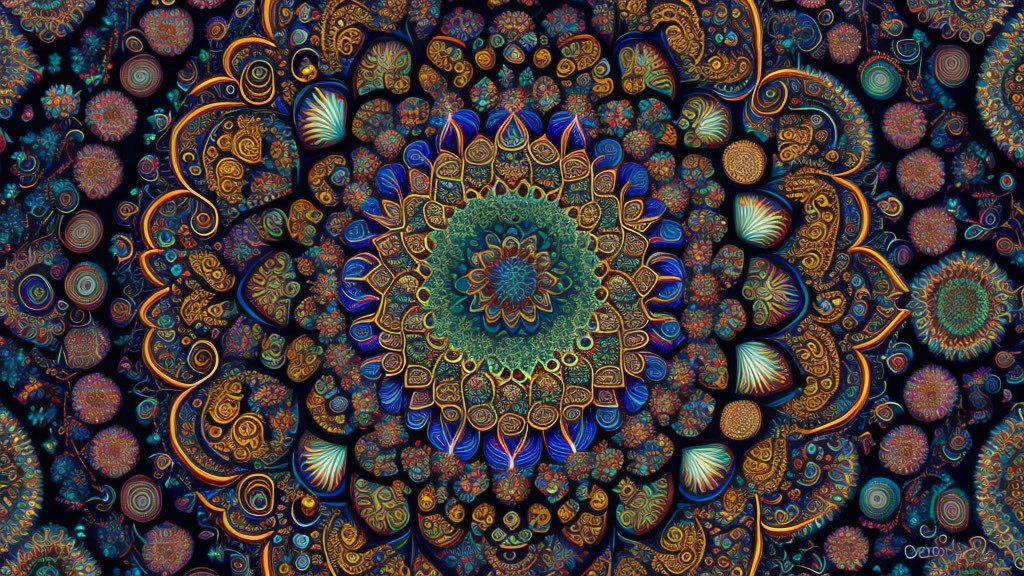 Colorful Fractal Art with Central Mandala Design in Blues, Oranges, and Greens