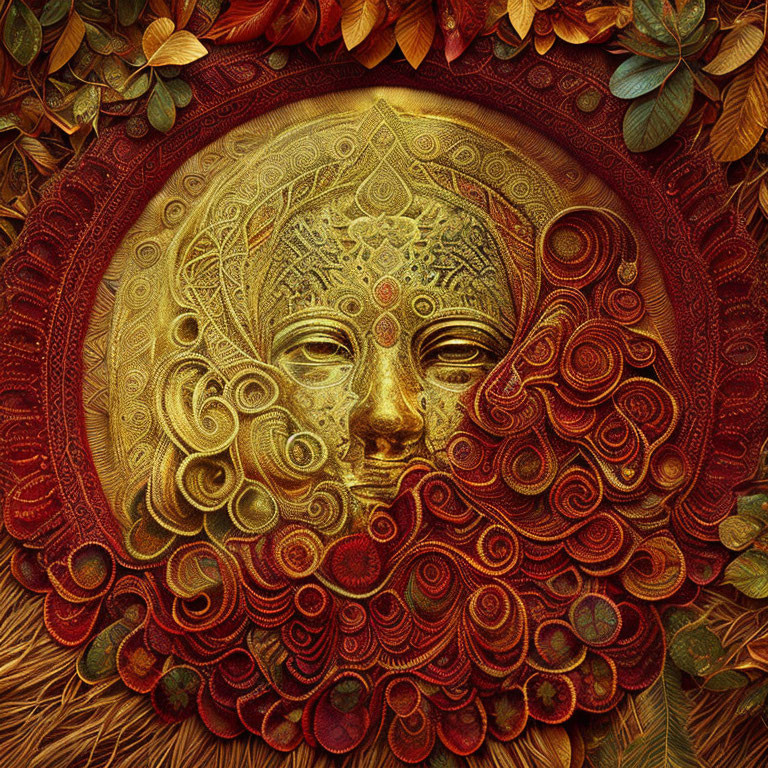 Intricate Golden Mask with Autumnal Foliage Patterns